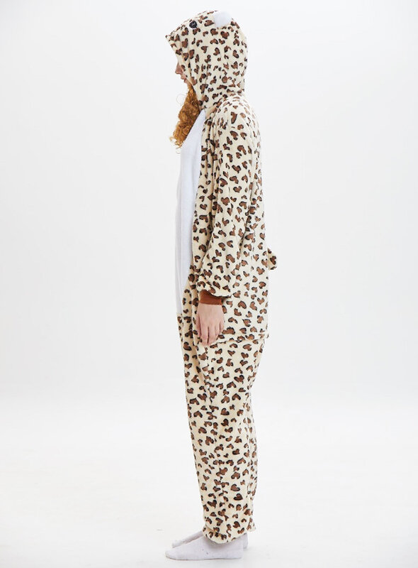 Cute Kids Flannel Cartoon Leopard Bear Onesie Cosplay Costume One-piece Pajamas Winter Warm Long-sleeved Hooded Unisex Sleepwear