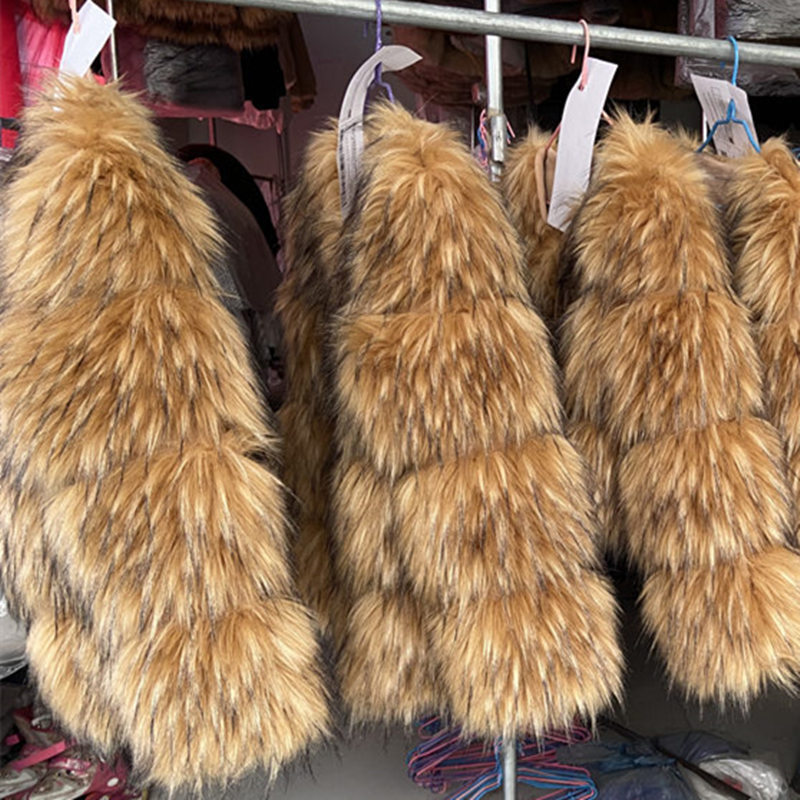 Manteau en fausse fourrure pour femme, veste d'hiver chaude, optique de renard, cuir de raton laveur marron, grande taille, spécialement fausse fourrure, manteau froid, mode 2022