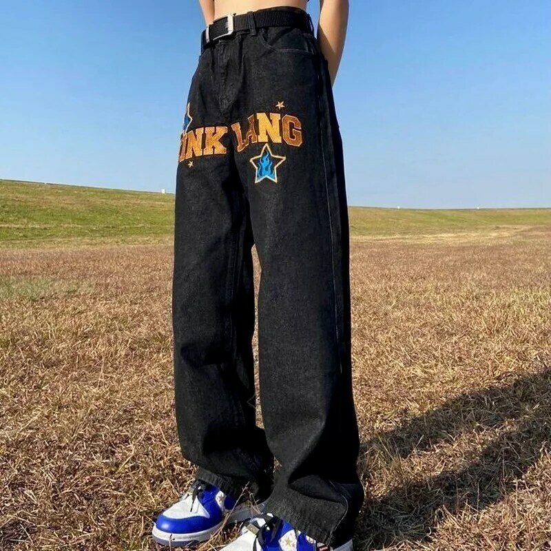 Мужские уличные джинсы в американском ретро стиле с принтом в стиле хип-хоп для мужчин и женщин мужские свободные прямые длинные брюки с широкими штанинами Лидер продаж 2022