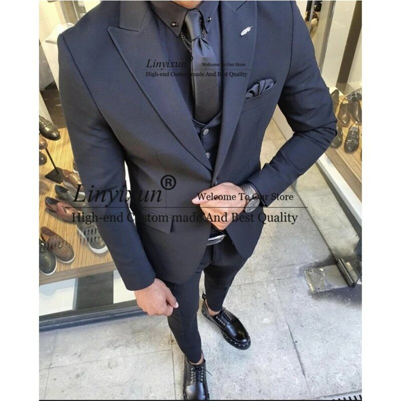 Traje negro guapo para hombre, para novio esmoquin, Blazer Formal para fiesta de graduación, conjunto de 3 piezas, chaqueta, chaleco, pantalones, traje para hombre