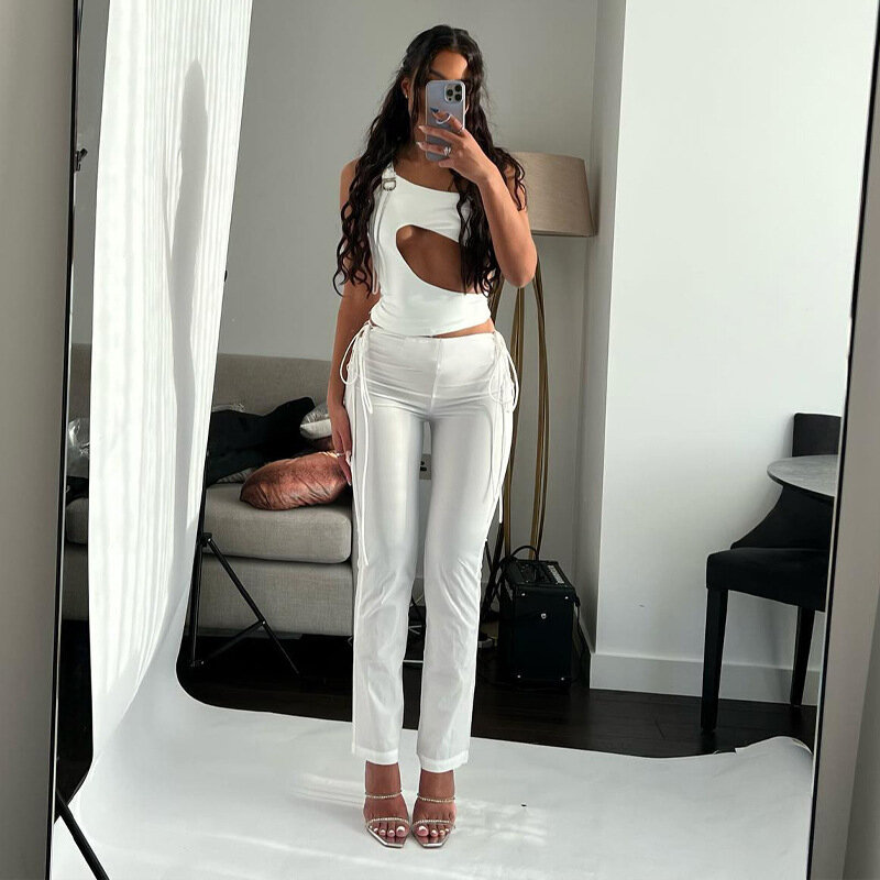 Drawstring Pants Sets Tracksuit Fashion Club Outfits Chain Sexy Cut Out Tops and Low Waist Women 2 Piece 2022 Summer