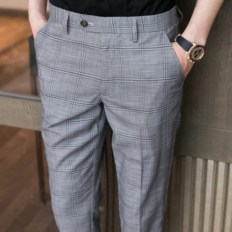 Spring Thin Korean Trendy Slim Pencil Pants Men's Printed Plaid Patchwork Button Pocket Smart Casual Versatile Straight Trousers