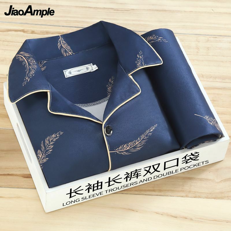 100% pijamas masculinos de luxo 2022 outono inverno algodão calças de manga comprida pijamas homewear 2 peça coreano elegante sleepwear conjunto