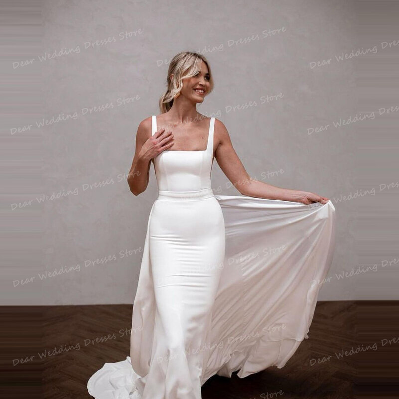 Gaun pernikahan Formal putri duyung seksi kerah persegi kereta lepas pasang gaun pengantin wanita tanpa lengan Backless Satin Vestidos 2024