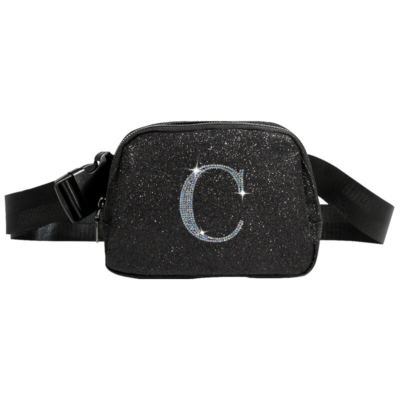 주얼리 C 디자인 메쉬 내부 포켓 반짝이 원단, 허리 숄더백, 지퍼 클로저, 뒷면 숨겨진 대용량 가방