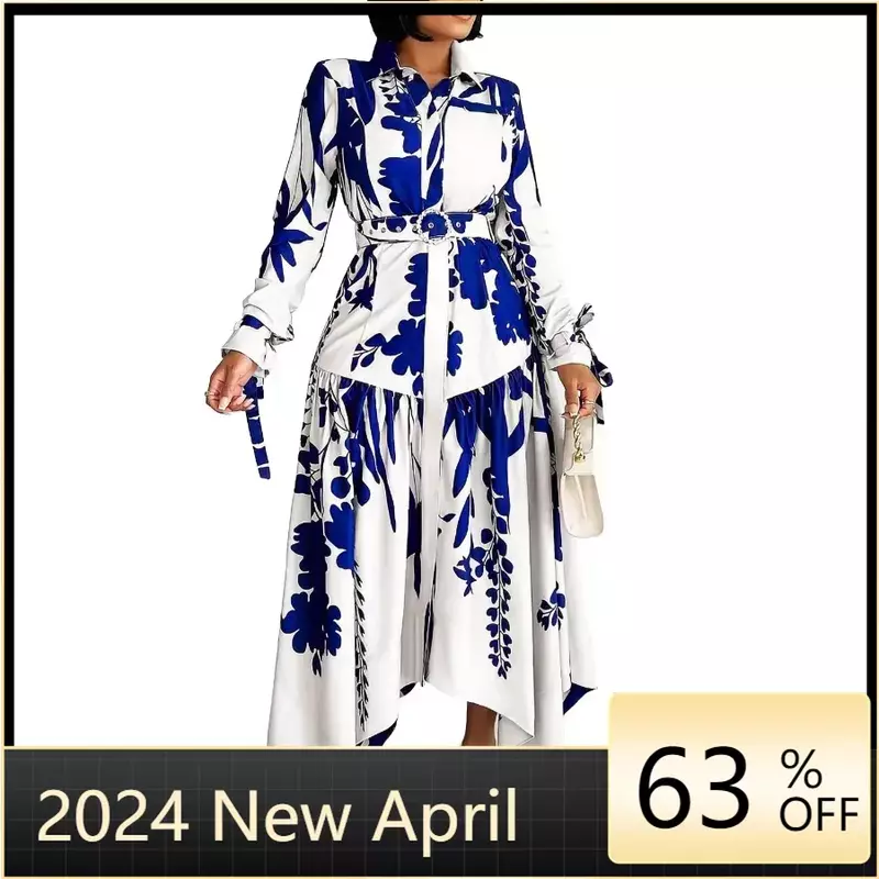 Vestido largo con estampado de primavera para mujer, prenda informal de manga larga con cuello vuelto y cinturón Irregular, a la moda, novedad de 2024
