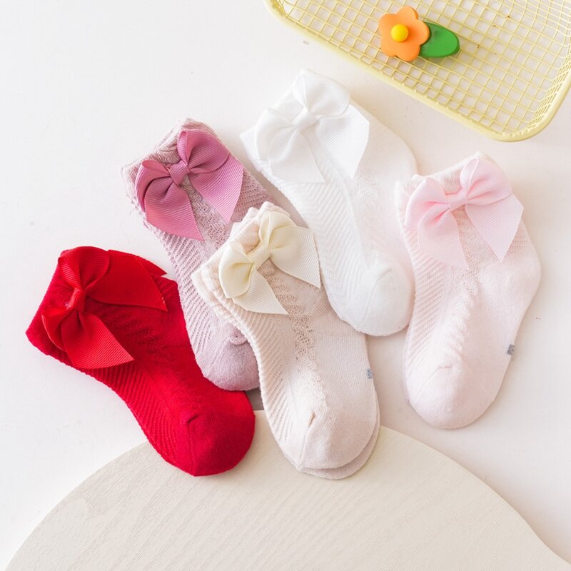 Toddler Baby Girl Ankle Socks Soft Thin Solid Color Cotton Socks Summer Socks with Bows for Infants Newborn Indoors Outdoors