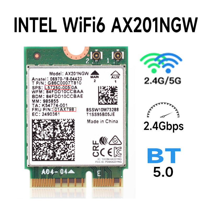 Intel Wi-Fi 6 AX201 Bluetooth 5.0 2 Băng Tần 2.4G/5G Không Dây NGFF Nút E CNVi Card Wifi AX201NGW 2.4 GHz/5 GHz 802.11ac/AX
