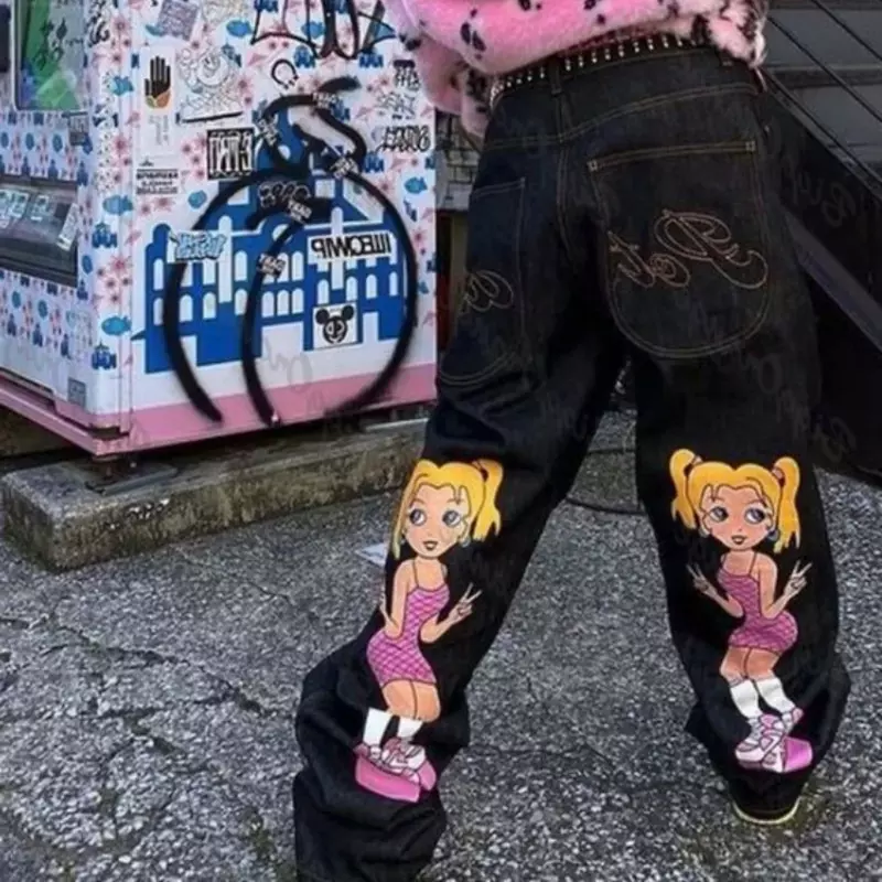 Harajuku goth duplo rabo de cavalo meninas imprimir jeans y2k solto perna reta perna larga calças rua tiro moda feminina calças de brim y2k