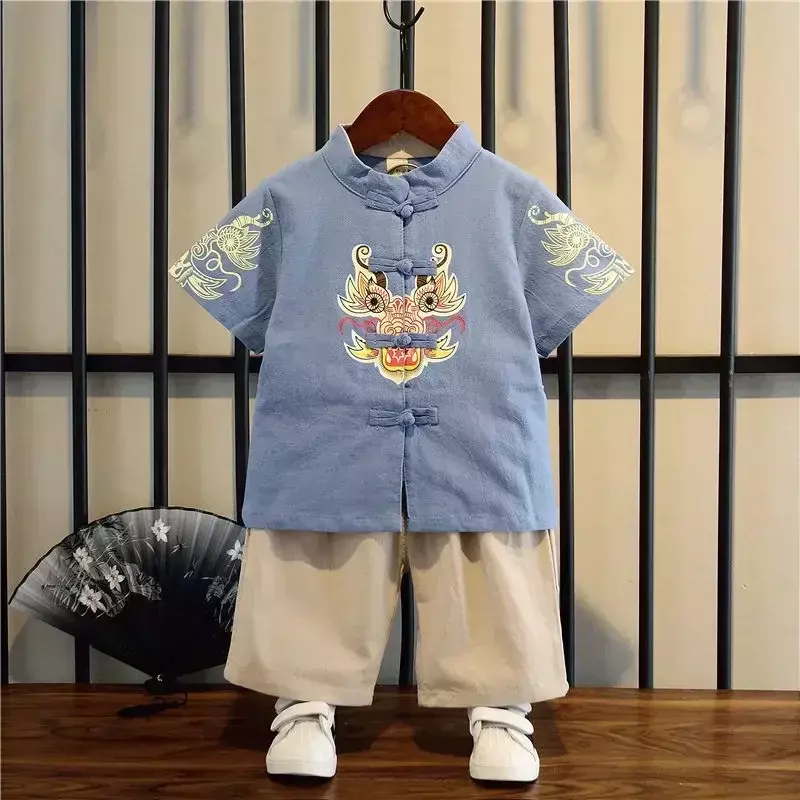 Vestito estivo cinese in cotone e lino Tang per Boy Girls Dragon Printing Top Pant a maniche corte Set Baby Chinese New Year Clothes