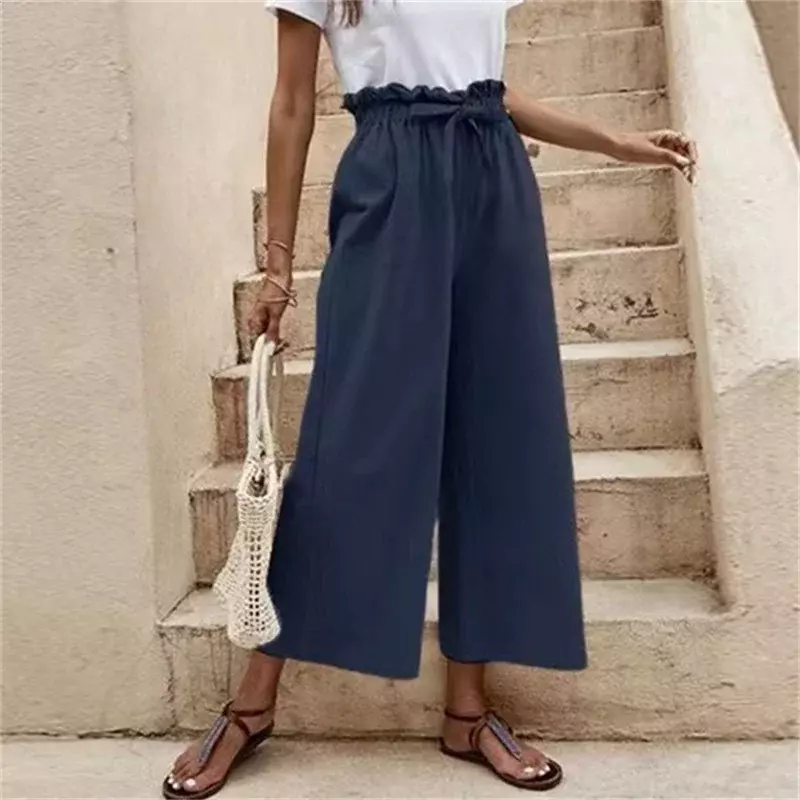Damskie elastyczne w talii sznurowane szerokie nogawki dziewięciominutowe spodnie w jednolitym kolorze, wygodne bawełniane lniane spodnie kobiet codziennie dojeżdżających do pracy