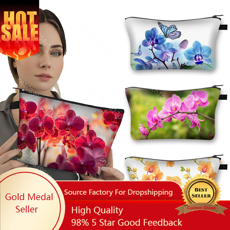 Floral Orchid Pattern Cosmetic Case Moth Orchids Women Makeup Bag Colorful Flowers Ladies Lipstick Napkin Pouch Clutch Holder