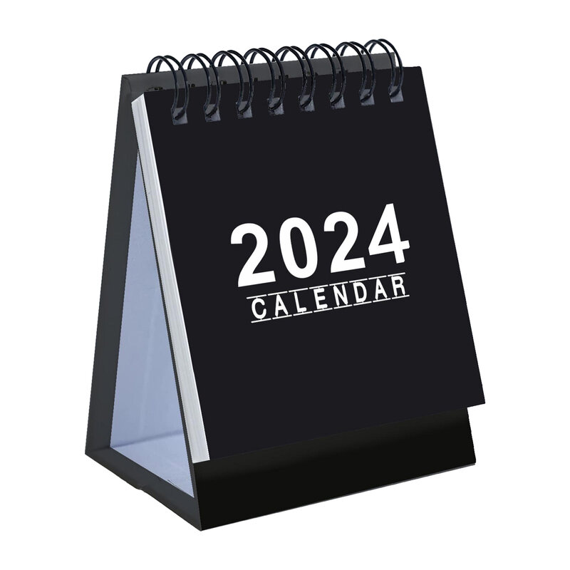 Minicalendario de escritorio para el hogar, calendario portátil de papel grueso con encuadernación de alambre doble, color blanco y negro, 2024