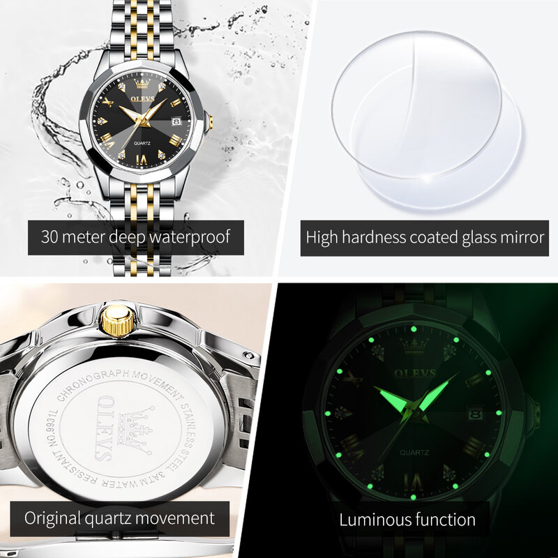 OLEVS jam tangan wanita Quartz antiair, tali baja tahan karat gaya elegan, cermin Rhombus, asli, jam tangan wanita 9931