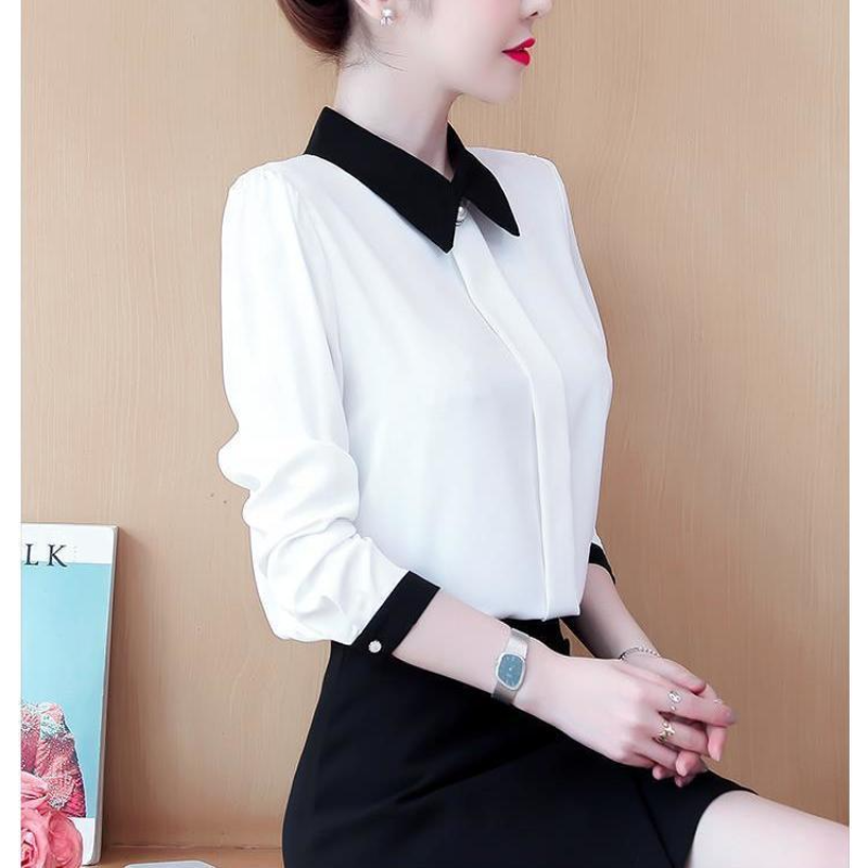 Blusa feminina de contraste de manga longa, blusa de senhora do escritório, monocromática fina, combina com tudo, roupas elegantes da moda, temperamento, nova primavera
