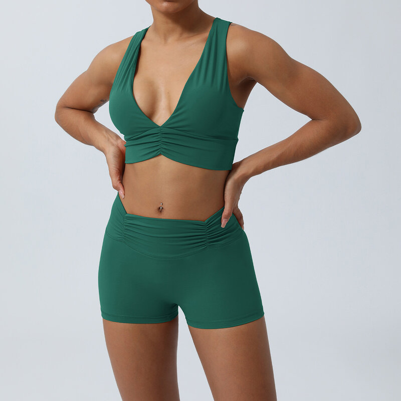 New yoga shock-absorbing and beautiful back sports bra with pleated lifting buttocks and three piece pants for fitness