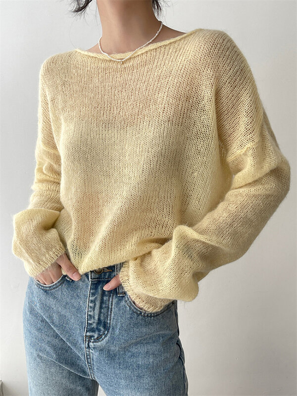 LANMREM тонкий вязаный свитер женский с длинными рукавами однотонный прозрачный пуловер женский модный топ 2024 Весна Зима 2R4360