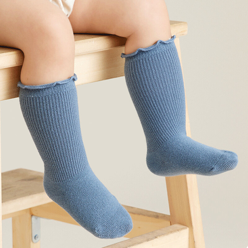 Calcetines hasta la rodilla de algodón para bebé recién nacido, Color sólido, con volantes, para niño y niña