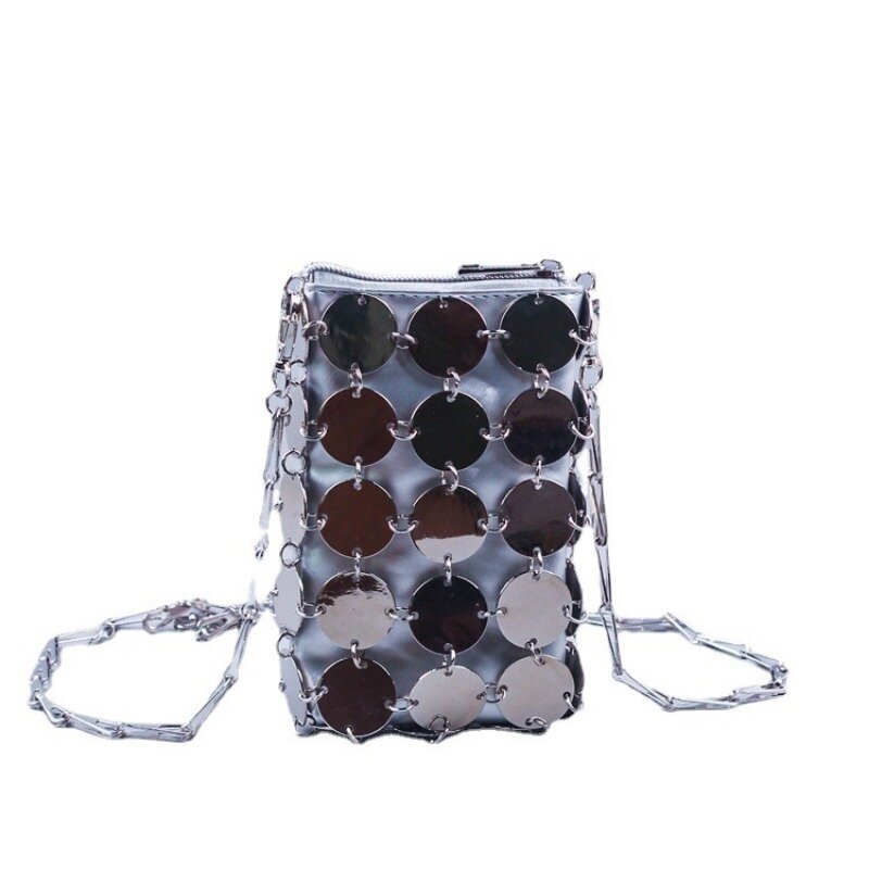 حقيبة كروسبودي لامعة من الفضة للنساء ، حقيبة يد صغيرة ، دائرة ، معدن ، فضي ، أنثى ، هاتف محمول ، مساء ، تصميم فاخر