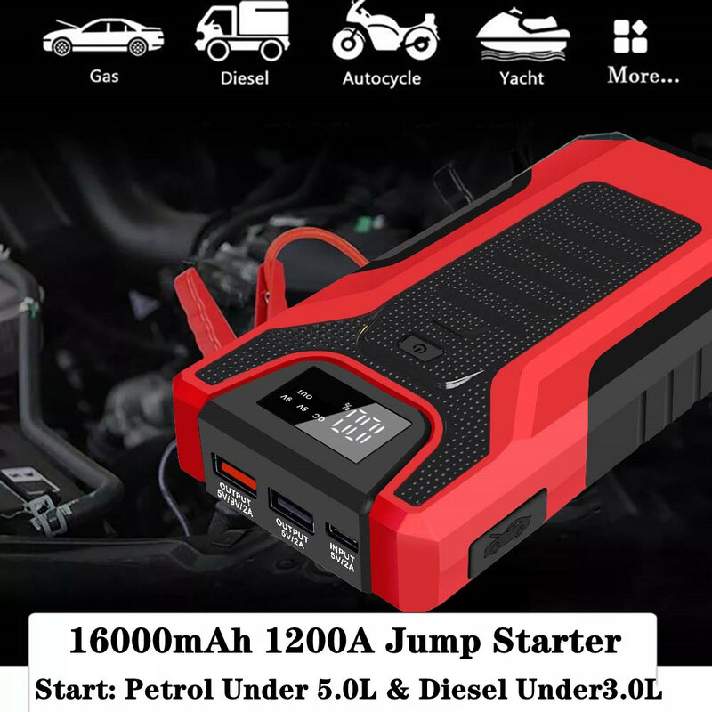 GKFLY 1200A High Capacity 16000mAh 12V Jump Starter Portable Starting Device Power Bank Car Charger For Car Battery Booster