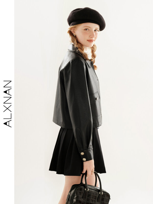 ALXNAN-جاكيت نسائي كلاسيكي ، معاطف جلدية كبيرة الحجم ، ملابس خارجية غير رسمية قصيرة ، طية صدر عالية الموضة في الشارع ، TM00510 ،