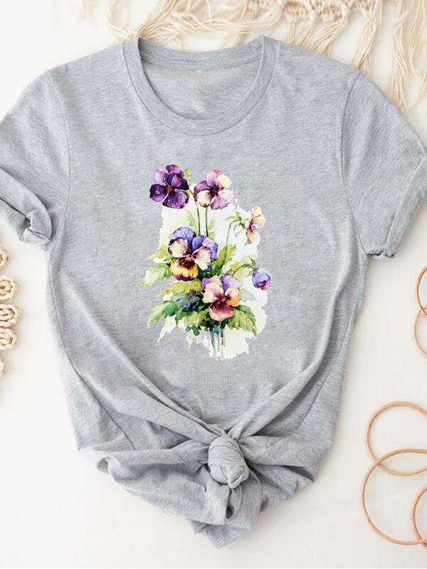 Women Clothing Print Gray T Shirt Short Sleeve Summer Top Fashion Flower Spring Trend 90s Clothes Basic Tee Graphic T-shirt