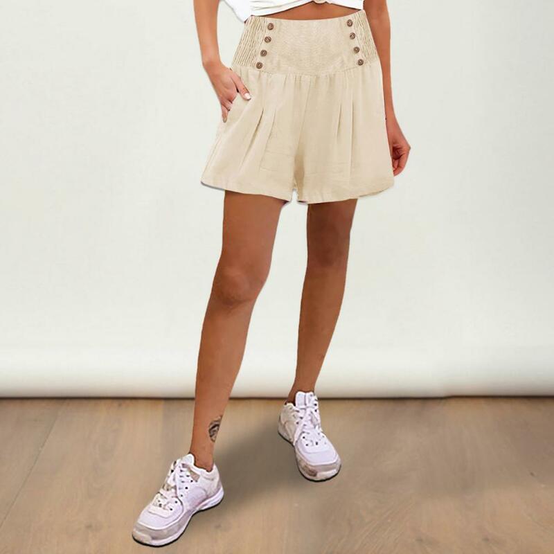 Women Casual Shorts Stylish High Waist Women's Shorts with Pleated Button Detail A-line Cut Side Pockets for Casual Outings