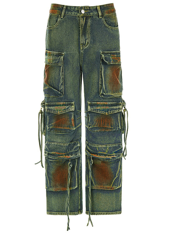 Vrouwen Multi-Pocket Jeans Gewassen Cargo Broek Retro High Street High Taille Jeans Casual Wijde Pijpen Denim Broek