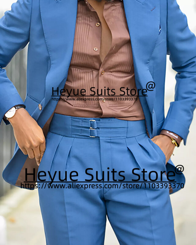 Summer Casual Blue Men Suits Slim Fit A Button Groom Formal Tuxedos Prom 2PCS Sets Elegant Male Blazer terno masculinos completo