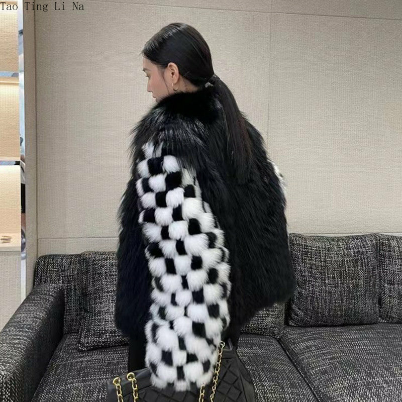 2023 Women New Young High-end Red Genuine Fox Fur Coat Checkerboard Real Fox Coat Female Young Model H11