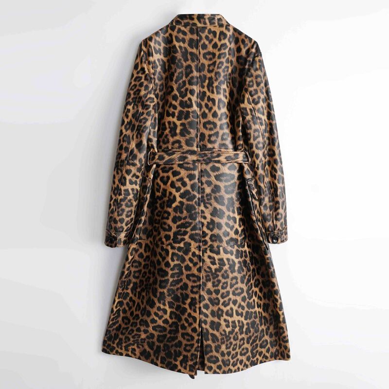 Gabardina de piel auténtica para mujer, abrigo largo de piel de oveja con bolsillos, cinturón con cordones, estampado de leopardo, alta calidad