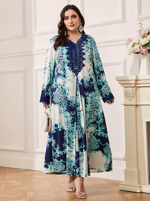 Gaun longgar motif untuk wanita, gaun pesta Kaftan Muslim abaya Dubai, pakaian lengan panjang modis untuk wanita