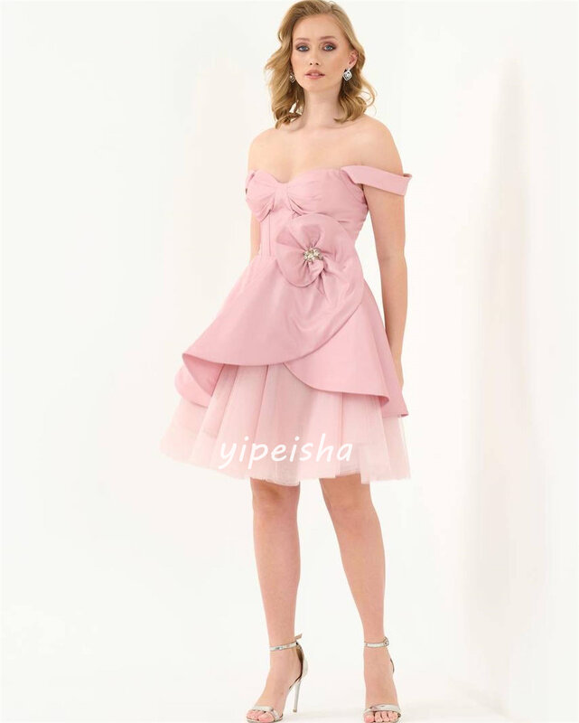 Satin Rhinestone Pleat Beach A-line Off-the-shoulder Bespoke Occasion Gown Knee Length Dresses