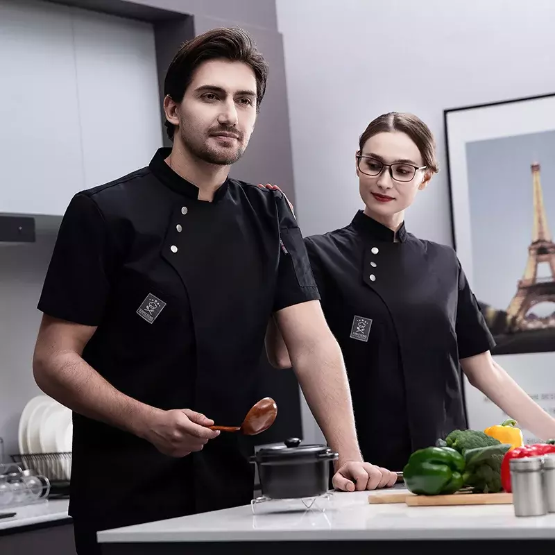 Avental branco com mangas respiráveis para homens e mulheres, camisa preta do cozinheiro chefe, jaqueta de cozinha curta, uniforme restaurante, obras e roupas