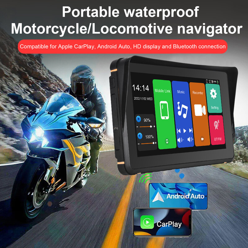 Motocicleta Carplay sem fio, monitor impermeável, Android Auto Bluetooth, suporte sem fio CarPlay e 7"