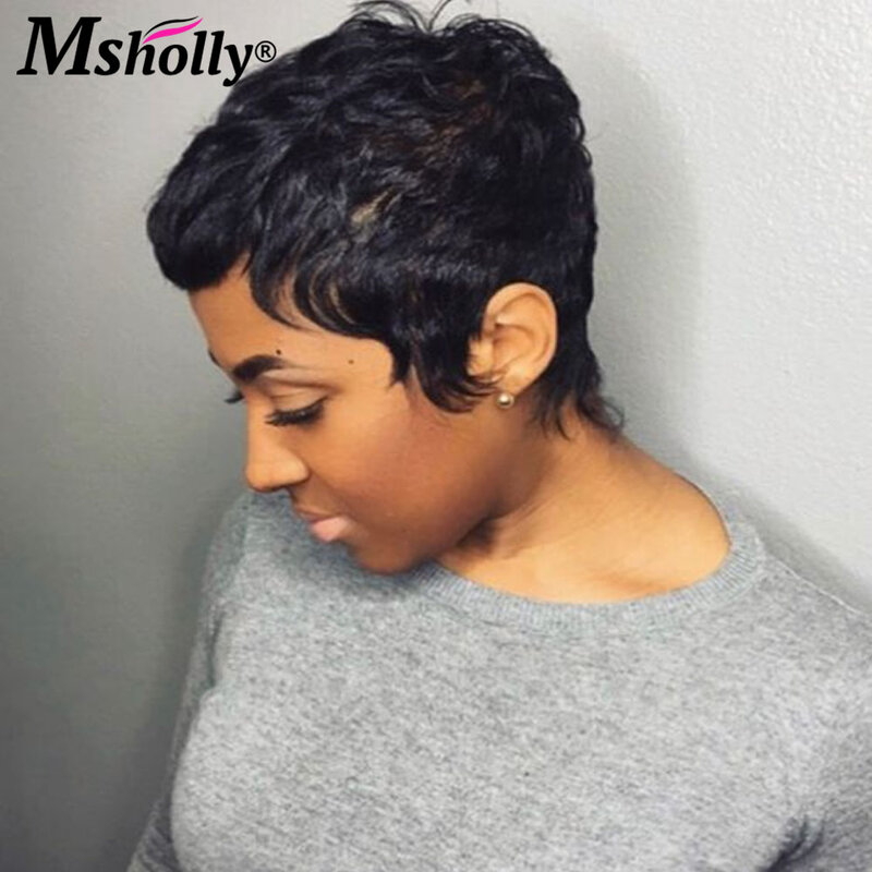 Pixie Short Cut with Bangs Brazilian Human Wigs Wavy Malaysian Glueless Wear and Go Remy Hair Black Colored Wig for Women