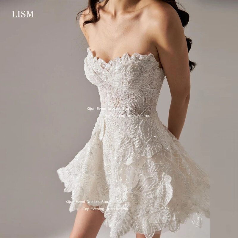 LISM gaun pernikahan Mini renda berkilau indah gaun pengantin gaun pengantin A-Line Sweetheart seksi gaun pengantin jubah pengantin mewah