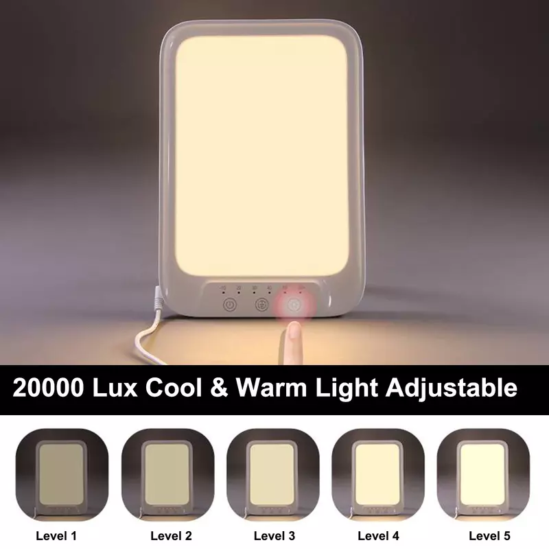 Luz LED fluorescente de 20000 Lux, terapia de luz cálida antidepresora fría, 3 colores de luz, 5 niveles de brillo táctil