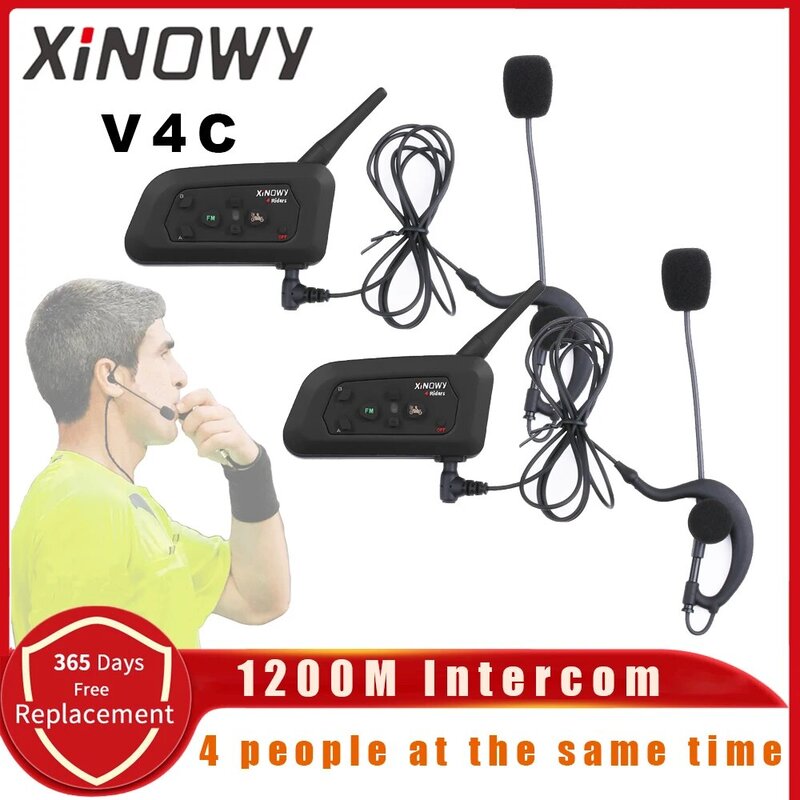 XiNOWy V4C Arbitre Casque Bluetooth Interphone Full Duplex 1200M Football Football Earhook Écouteur BT Interphone avec FM Radio
