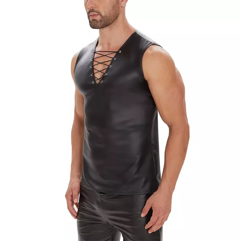 Mens Sexy PU Leather Tank Tops Sleeveless Body Shaping Sheath Vest Male Soft V-neck Bandage Leather Tanks Top Gym Fitness Vests