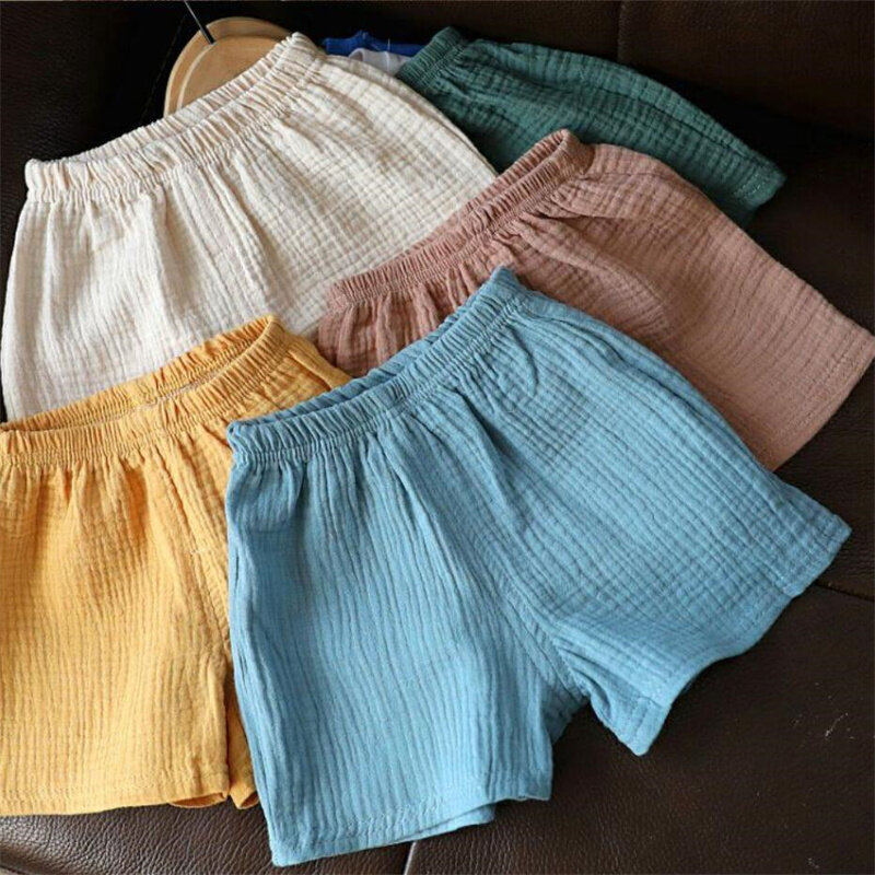 Celana pendek katun Linen anak perempuan, pakaian bayi celana lima titik warna polos musim panas