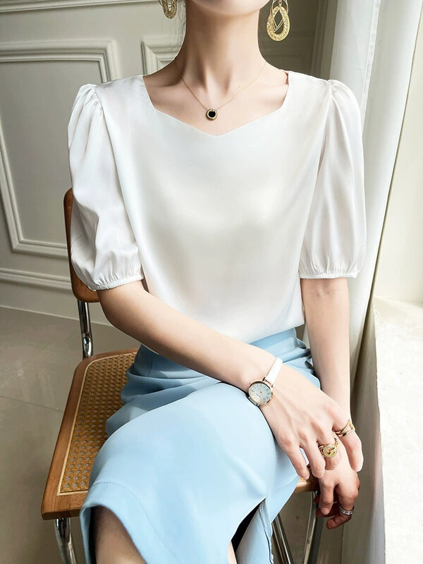 New Spring/Summer Women's Large Satin Square V-Neck Top  Elegant Solid Blouses Fashion Puff Mid Sleeve Office Lady Silk Shirts