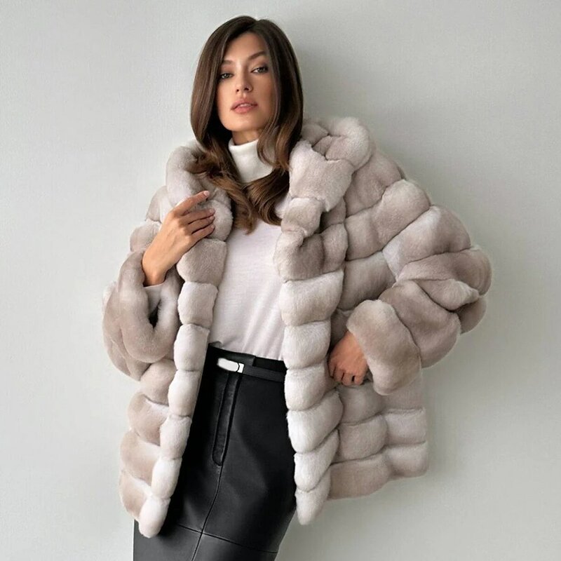 女性の冬のフード付き毛皮コート、フード付き、チャイナチラジャケット、レックスウサギのコート、女性のジャケット