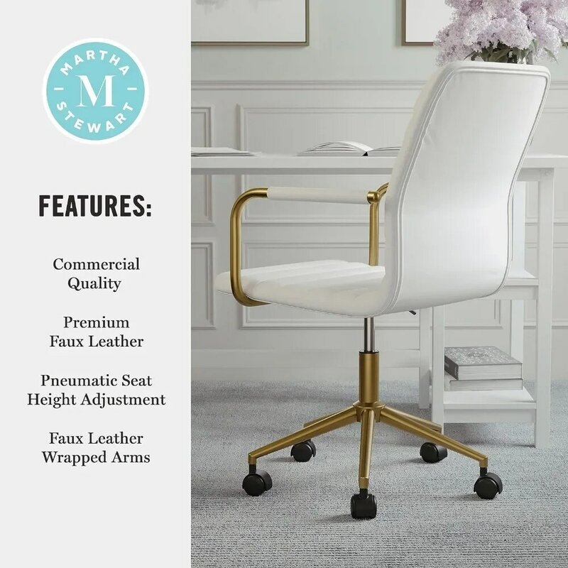 Cadeira de escritório com braço giratório, branco falso couro, polido Brass Frame, adequado para casa