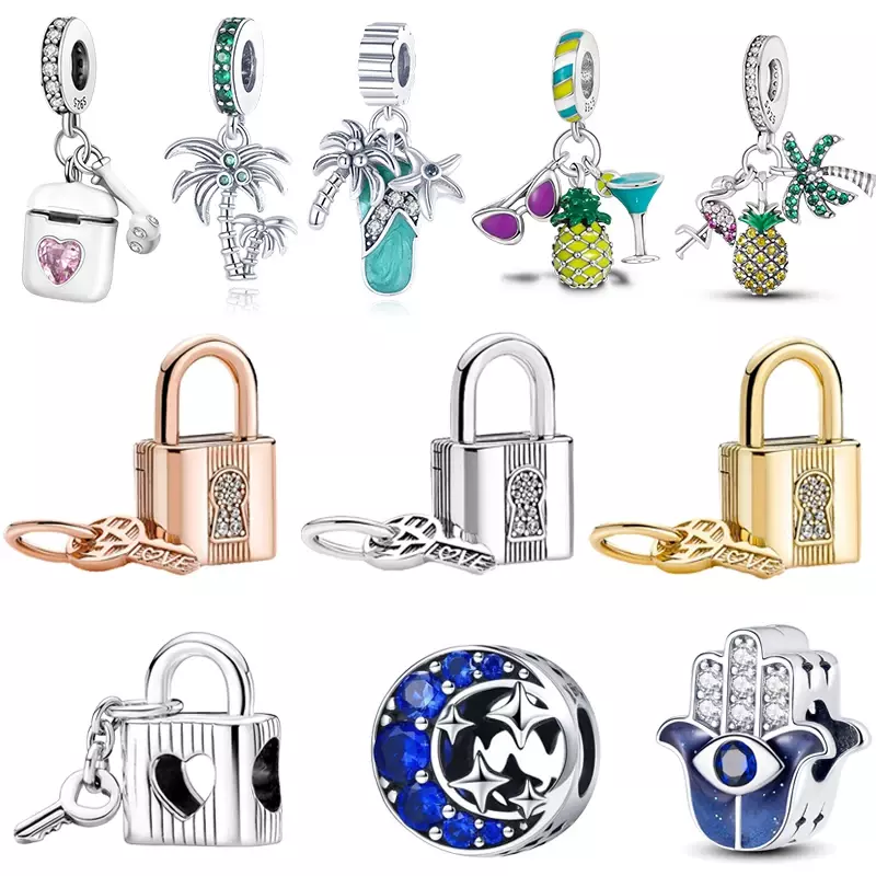 Cadeado chave dangle encantos para mulheres, 925 contas de prata esterlina, pulseira Pandora original, jóias, novo