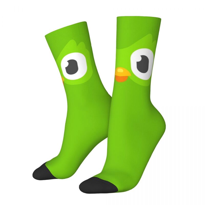 Retro Duolingo Face Basketball Socks Cartoon Polyester Middle Tube Socks for Unisex