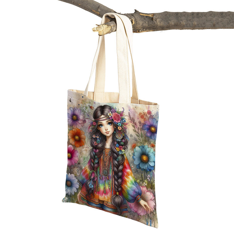 Винтажная женская сумка для покупок с мультипликационным лесным эльфом и цветами, Детская Льняная сумка для покупок с двойным принтом в сказочном стиле, женские сумки-тоуты