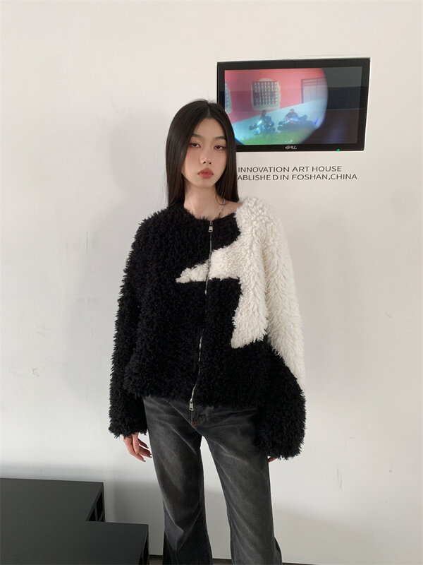 Cheerart Star Patchwork Bontjas Vrouwen Winter Designer Fuzzy Jasje Koreaanse Mode Zwarte Pluizige Jas Mode Kleding