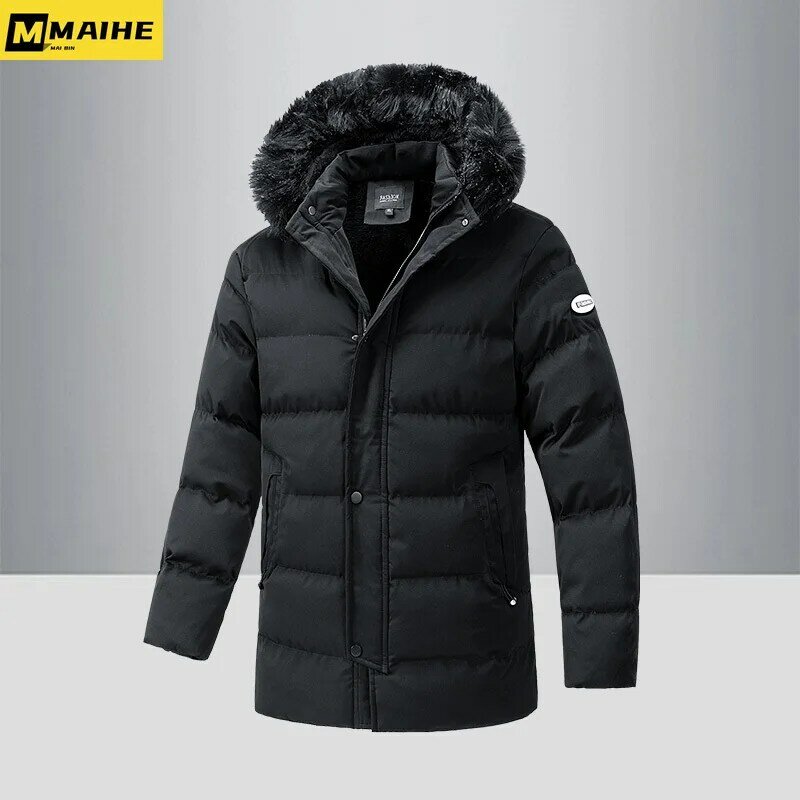 Мужская зимняя длинная куртка, корейская модная ветрозащитная стеганая куртка с меховым воротником и капюшоном, мужское теплое пальто на флисовой подкладке для кемпинга и лыж, 2023