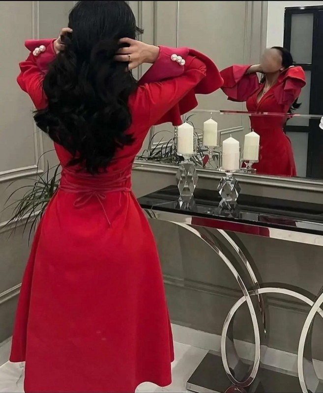 Suknie balowe Arabii Saudyjskiej z długim rękawem w szpic czerwone wieczorowe suknie guziki do herbaty damskie formalne sukienki na wyjątkowe okazje